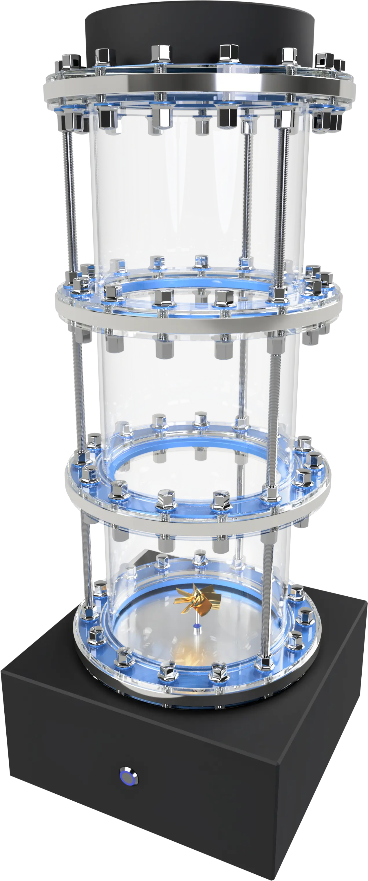 3D-Rendering des Messeexponats mit durchsichtigem Acrylzylinder und transparenten Flanschen aus Acrylglas
