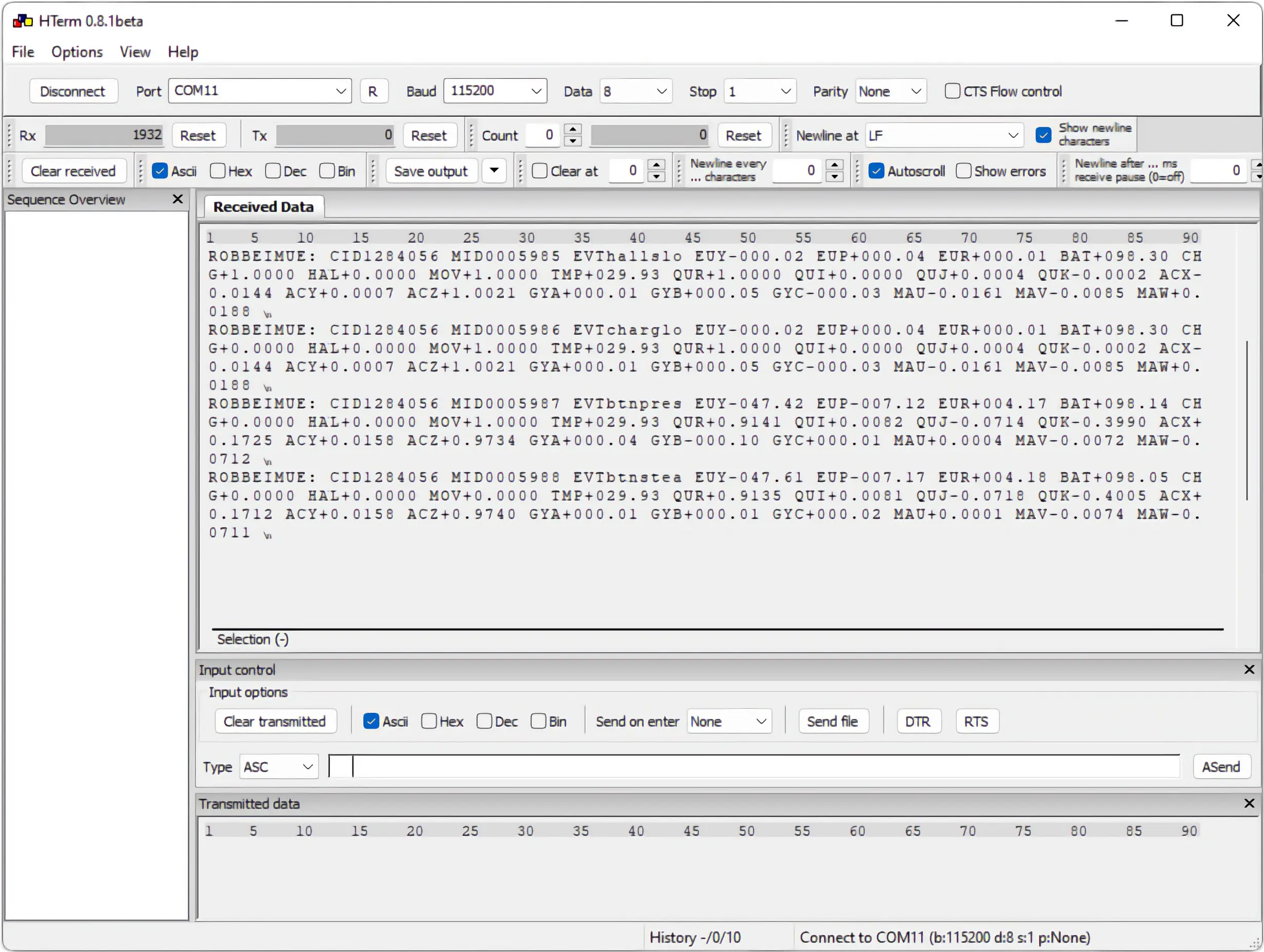 projekt sensor box imu serial port hterm konsole ascii