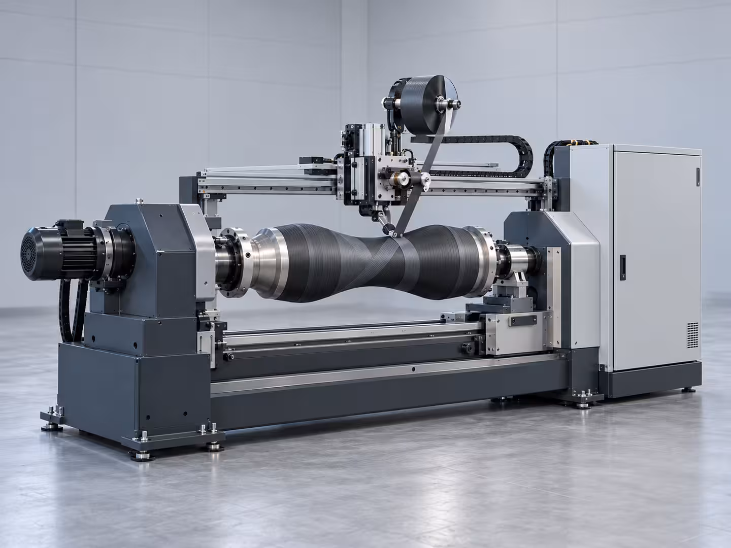 Konzeptillustration einer Wickelmaschine mit rotierender Form, Materialführung und beweglichem Wickelkopf