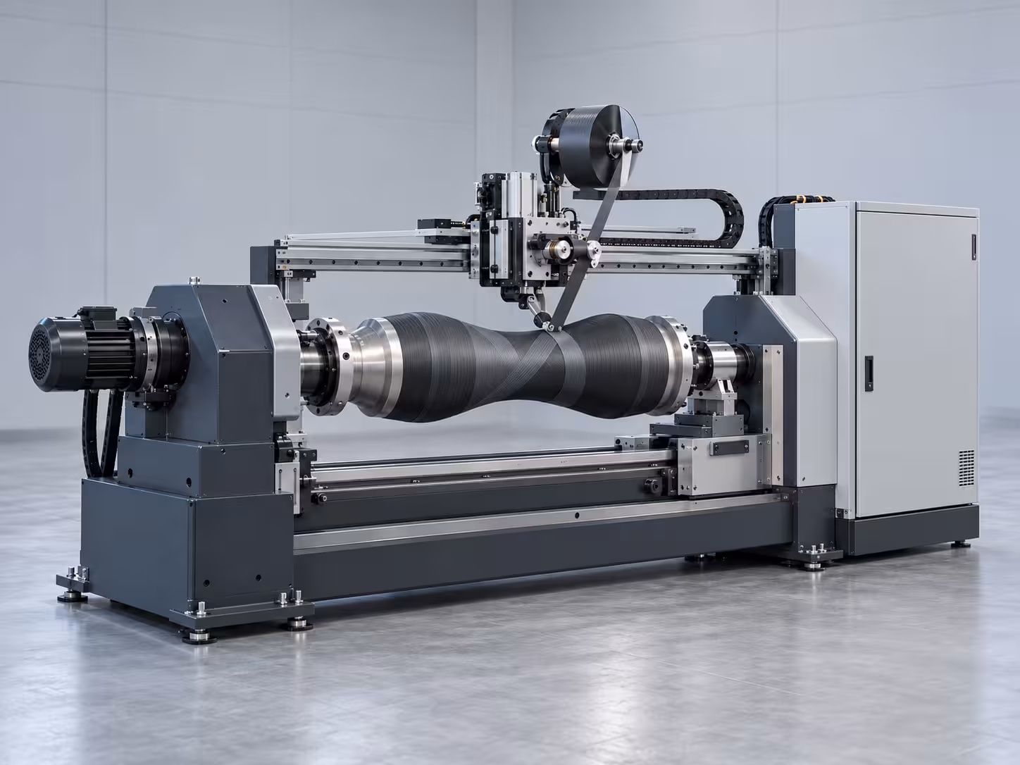 Konzeptillustration einer Wickelmaschine mit rotierender Form, Materialführung und beweglichem Wickelkopf