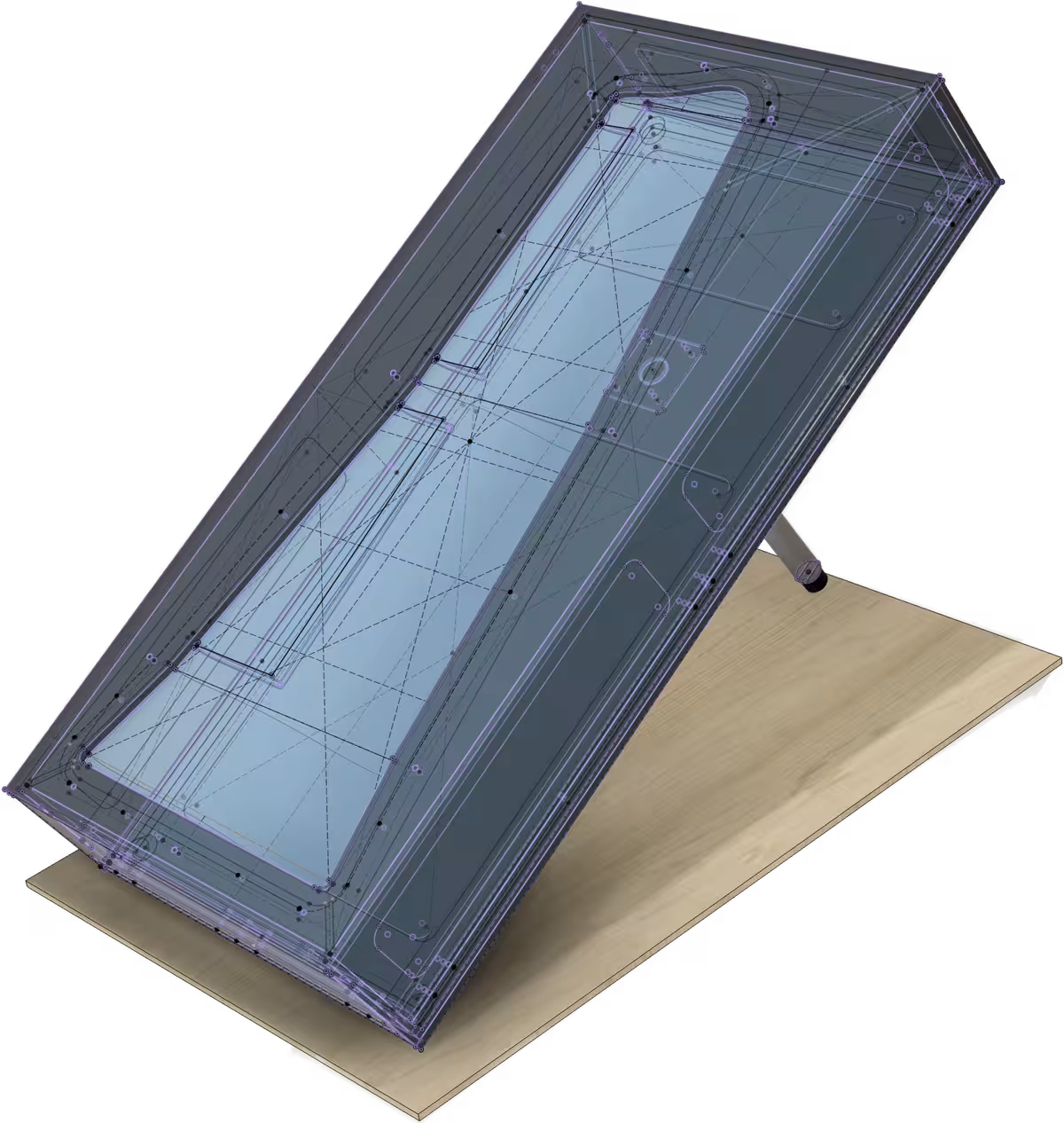 3D-Modell des Messeexponats mit Konstruktionslinien für Tragflächenform, 3D-Kontur, CNC-Formenbau und Multiplex-Korpus