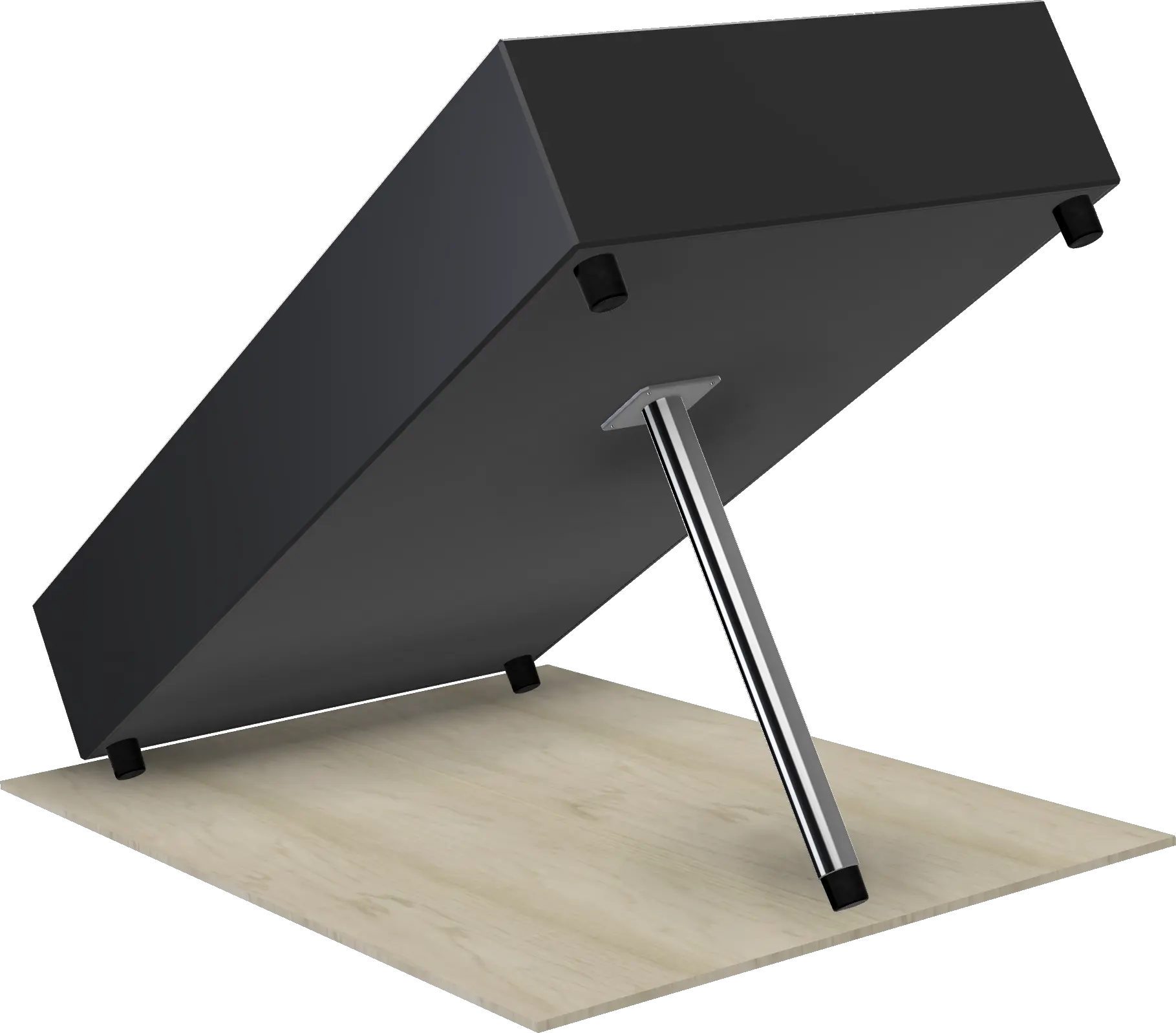 CAD rendering of the trade show exhibit with wing negative mold, black body and stainless steel foot for 30-degree display