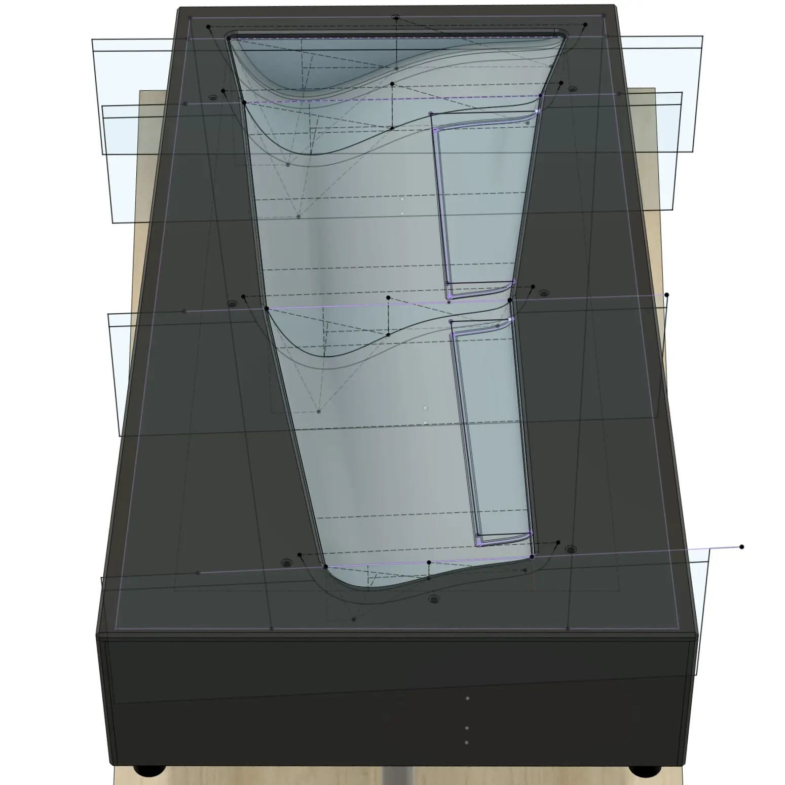 Dimensioned CAD model of the wing negative mold in a side perspective with visible 3D contour