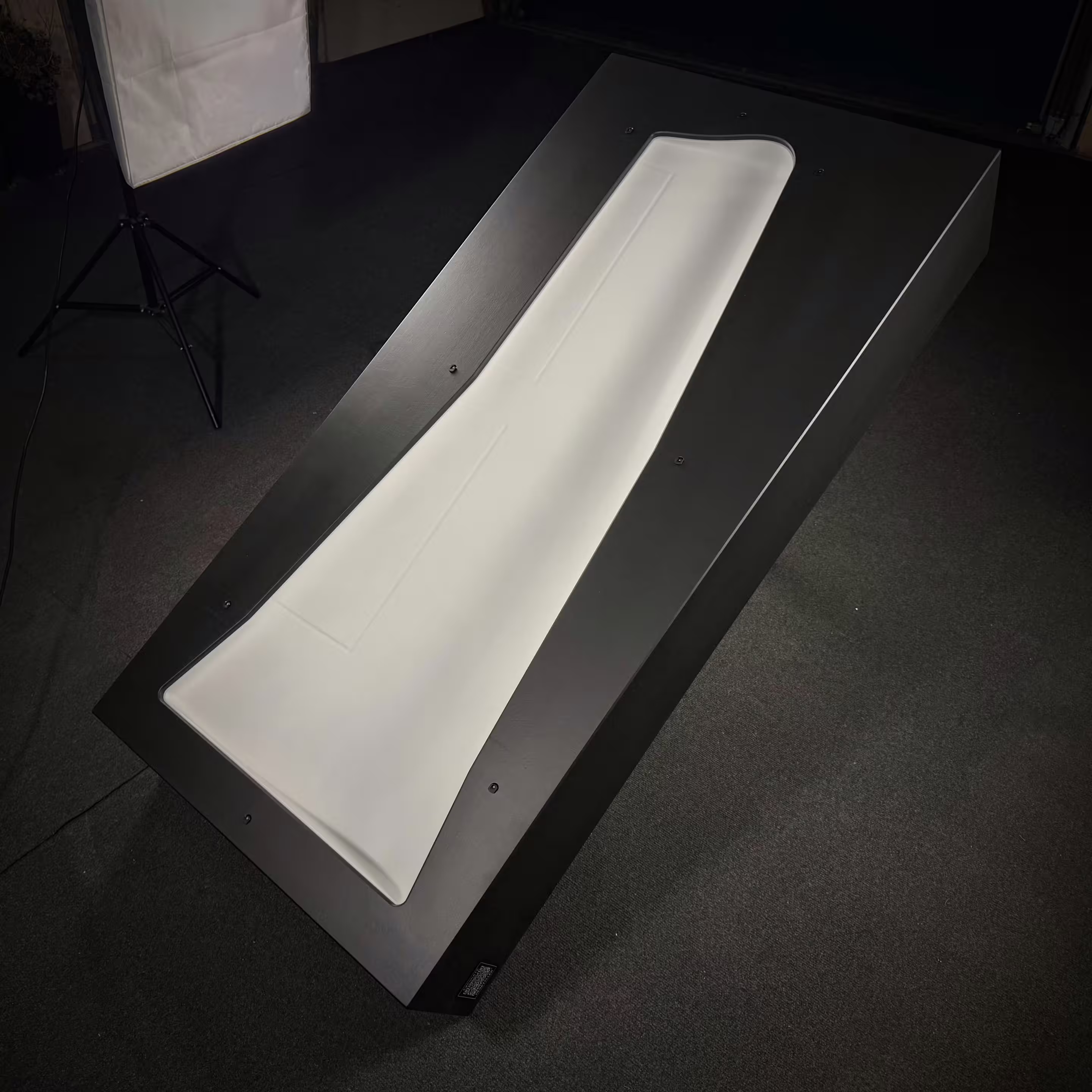 Finished CNC-milled form as a trade show exhibit with black housing and light wing negative form