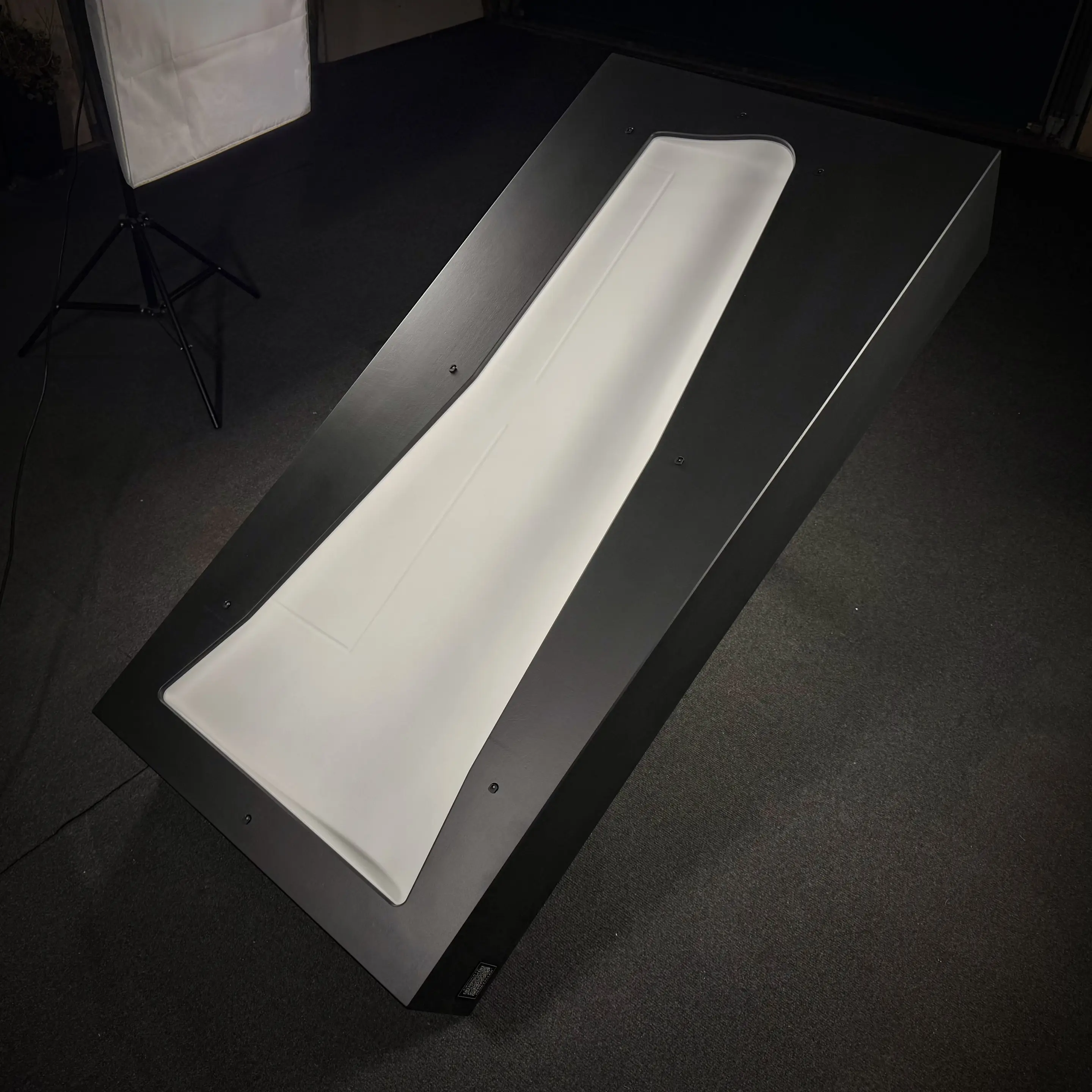 Finished CNC-milled form as a trade show exhibit with black housing and light wing negative form