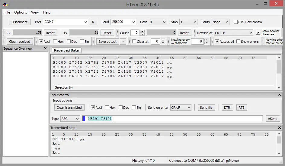 Projekt Kugelwaage HTerm RS232 Serielle Schnittstelle Screenshot