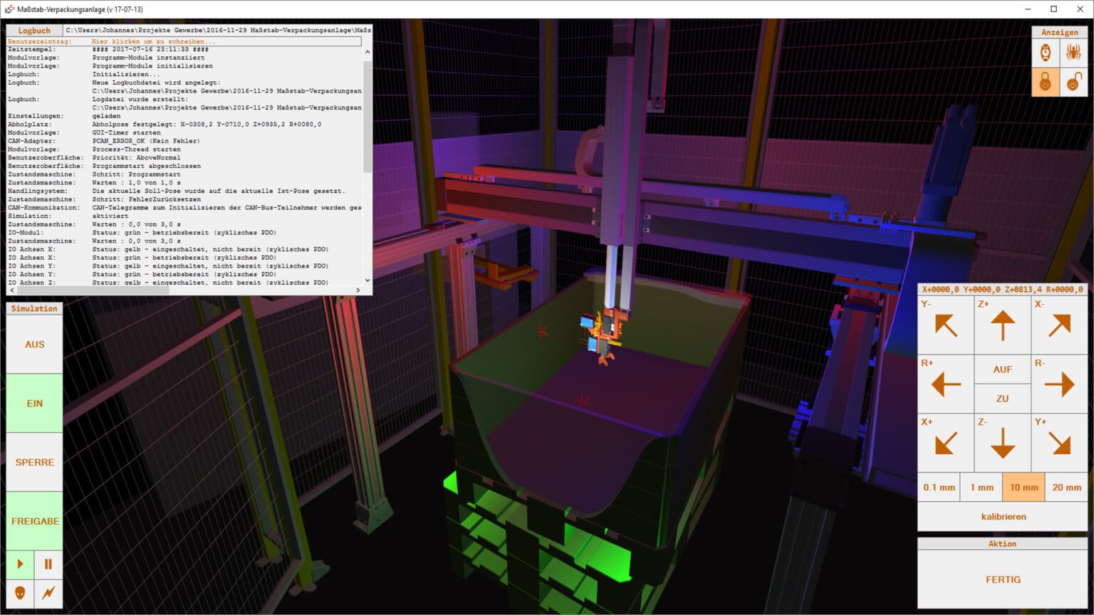 Projekt Palettierroboter Steuerungssoftware 3D Visualisierung Steuerelemente Screenshot