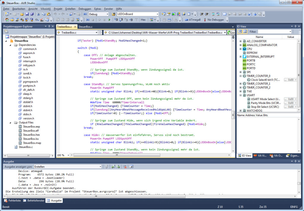 Projekt Wasserwerfer AVR Studio Programmcode Screenshot